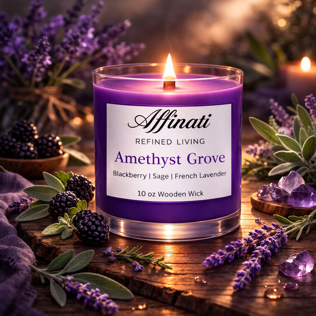 Amethyst Grove Wooden Wick Candle – Luxury 10 oz Soy Blend | Affinati