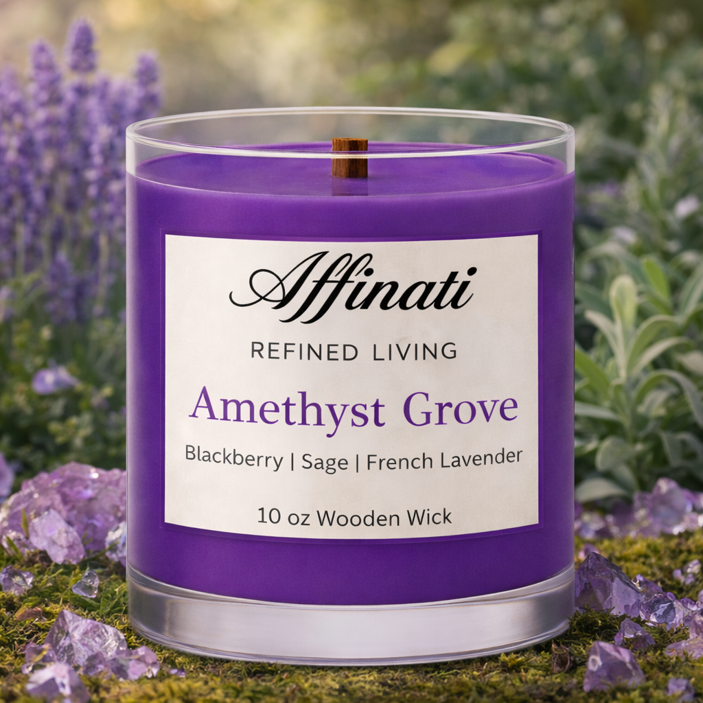 Amethyst Grove Wooden Wick Candle – Luxury 10 oz Soy Blend | Affinati