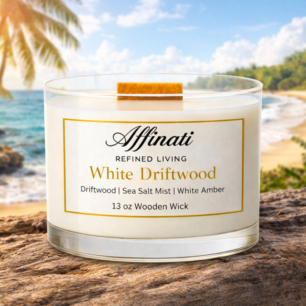 White Driftwood Wooden Wick Candle – Luxury 13 oz Soy Blend | Affinati
