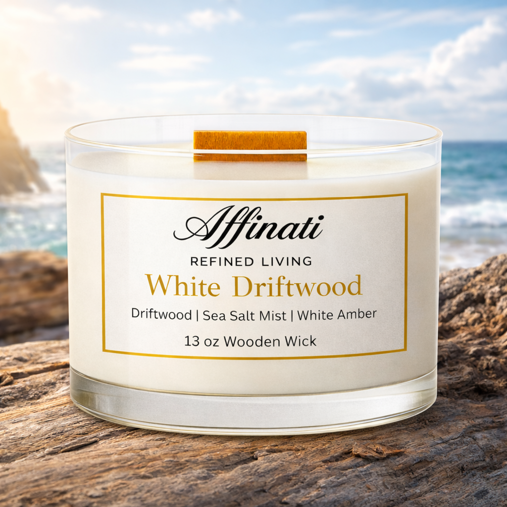 White Driftwood Wooden Wick Candle – Luxury 13 oz Soy Blend | Affinati