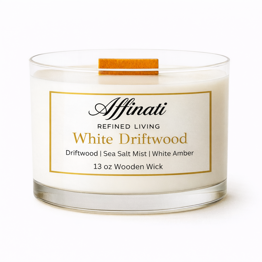 White Driftwood Wooden Wick Candle – Luxury 13 oz Soy Blend | Affinati