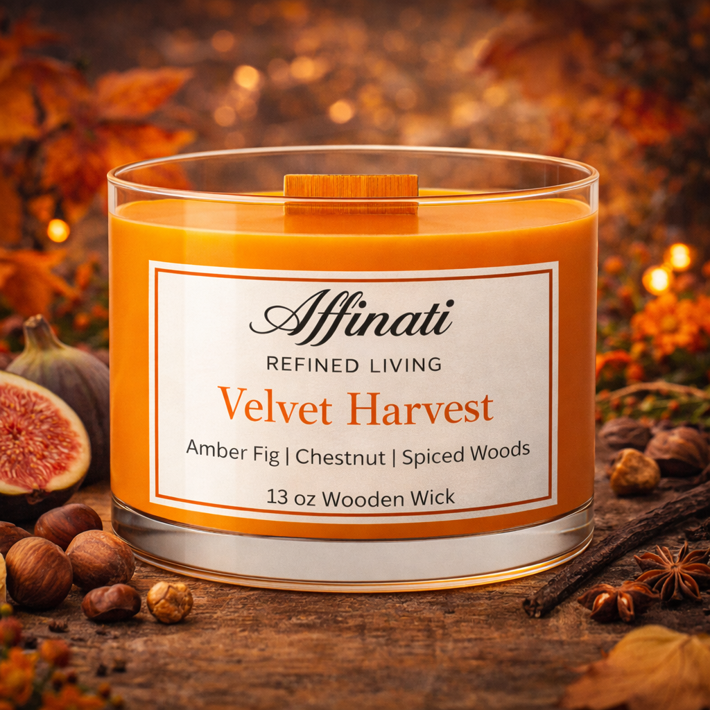 Velvet Harvest Wooden Wick Candle – Luxury 13 oz Soy Blend | Affinati