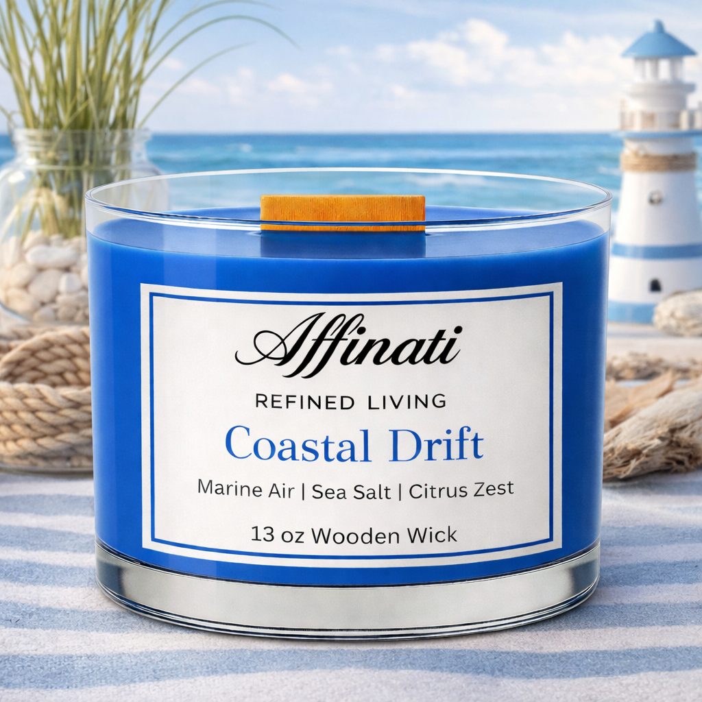 Coastal Drift Wooden Wick Candle – Luxury 13 oz Soy Blend | Affinati