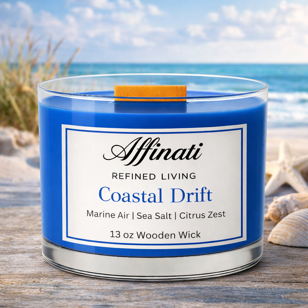 Coastal Drift Wooden Wick Candle – Luxury 13 oz Soy Blend | Affinati
