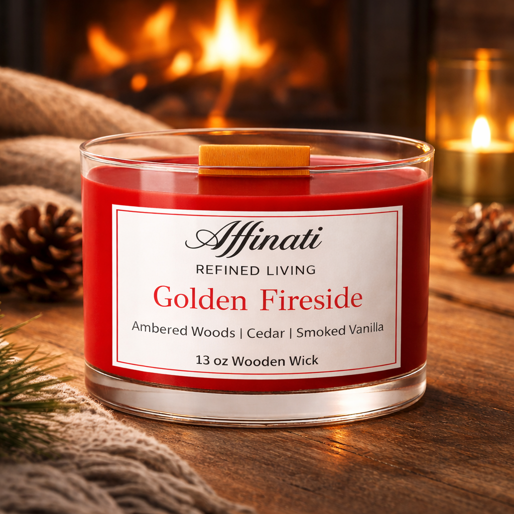 Golden Fireside Wooden Wick Candle – Luxury 13 oz Soy Blend | Affinati