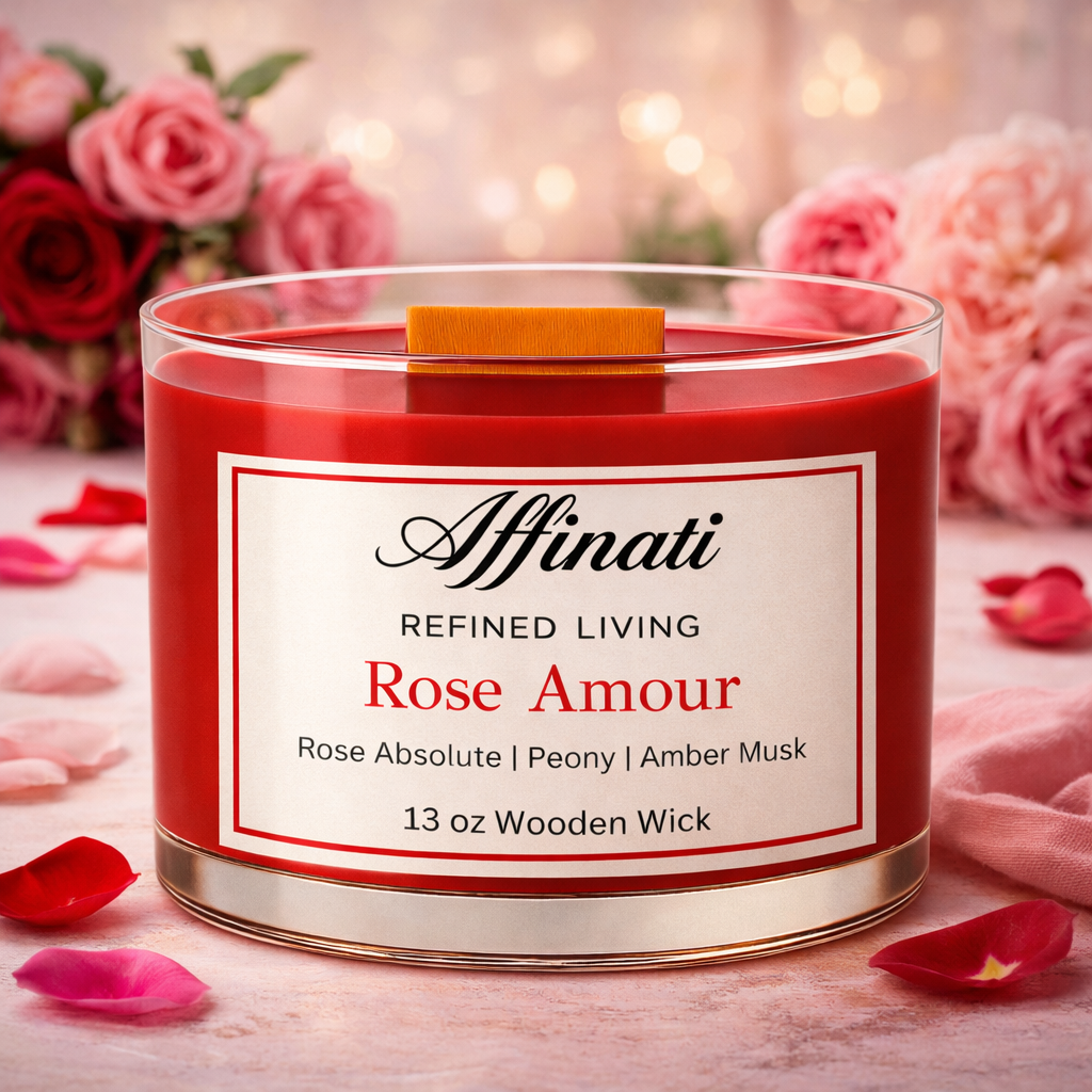 Rose Amour Wooden Wick Candle – Luxury 13 oz Soy Blend | Affinati