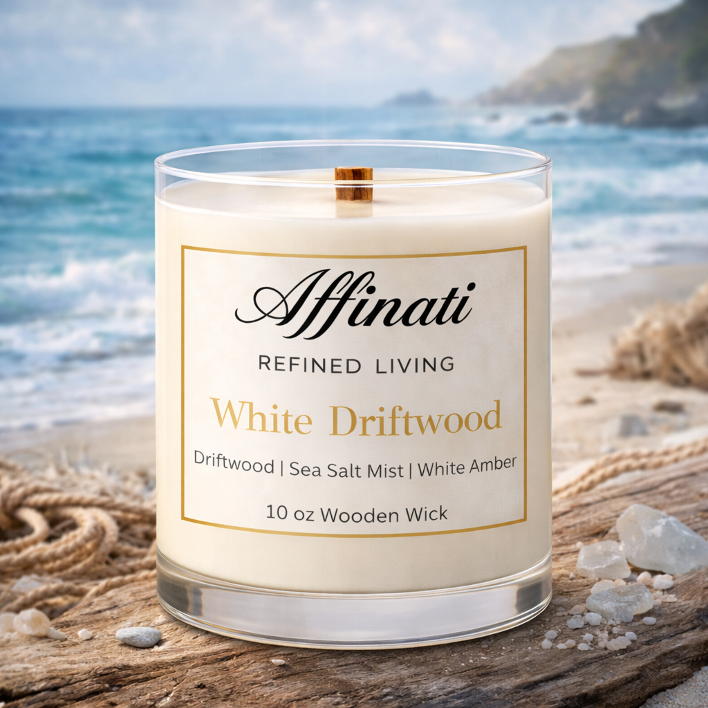 White Driftwood Wooden Wick Candle – Luxury 10 oz Soy Blend | Affinati