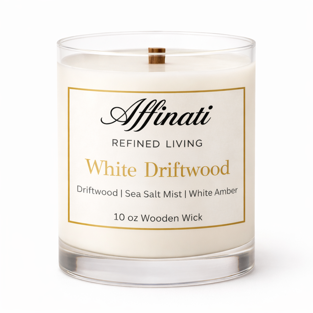 White Driftwood Wooden Wick Candle – Luxury 10 oz Soy Blend | Affinati