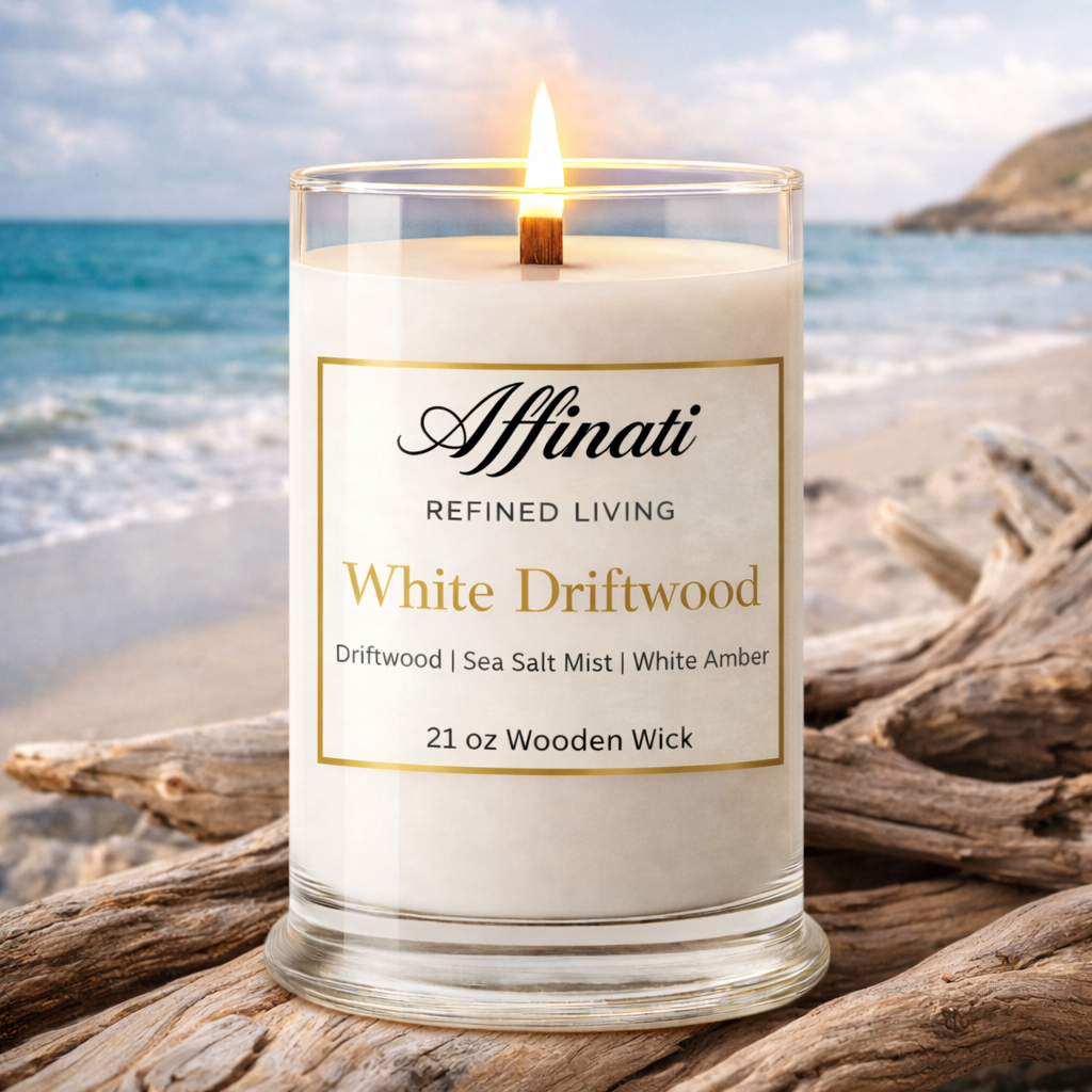 White Driftwood Wooden Wick Candle – Luxury 21 oz Soy Blend | Affinati