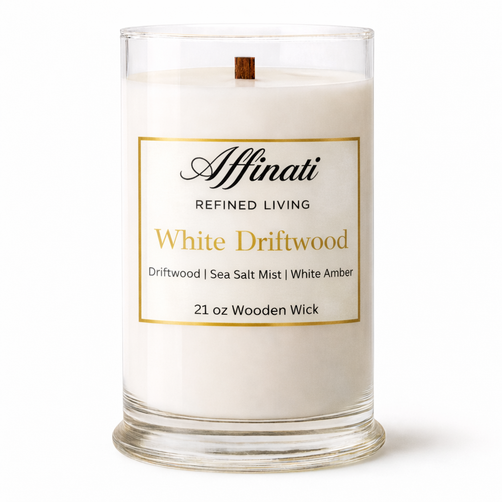 White Driftwood Wooden Wick Candle – Luxury 21 oz Soy Blend | Affinati