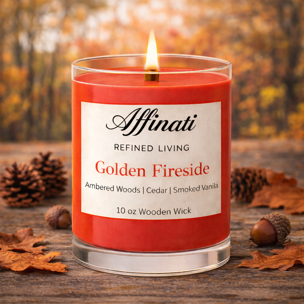 Golden Fireside Wooden Wick Candle – Luxury 10 oz Soy Blend | Affinati