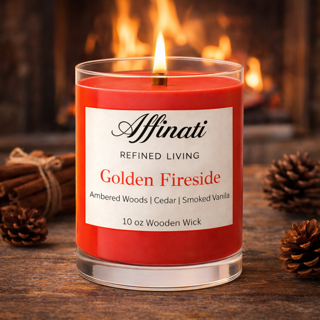 Golden Fireside Wooden Wick Candle – Luxury 10 oz Soy Blend | Affinati