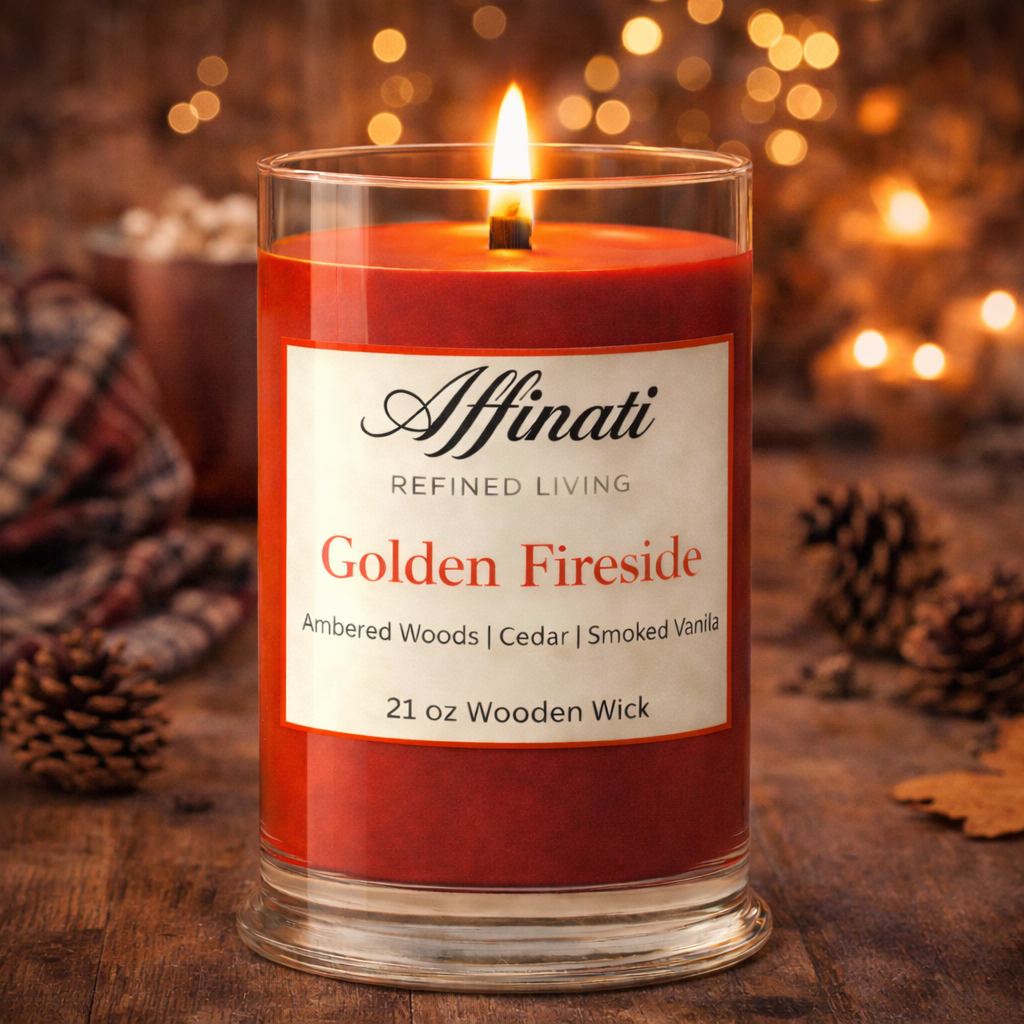Golden Fireside Wooden Wick Candle – Luxury 21 oz Soy Blend | Affinati