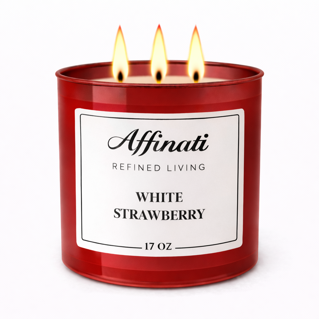 A 17 oz 3-wick candle in a vibrant red jar labeled White Strawberry, surrounded by fresh strawberries and blossoms.