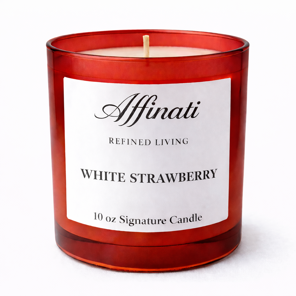 A 10 oz White Strawberry Signature Candle in a red glass vessel sitting on a wooden surface surrounded by fresh white strawberries.