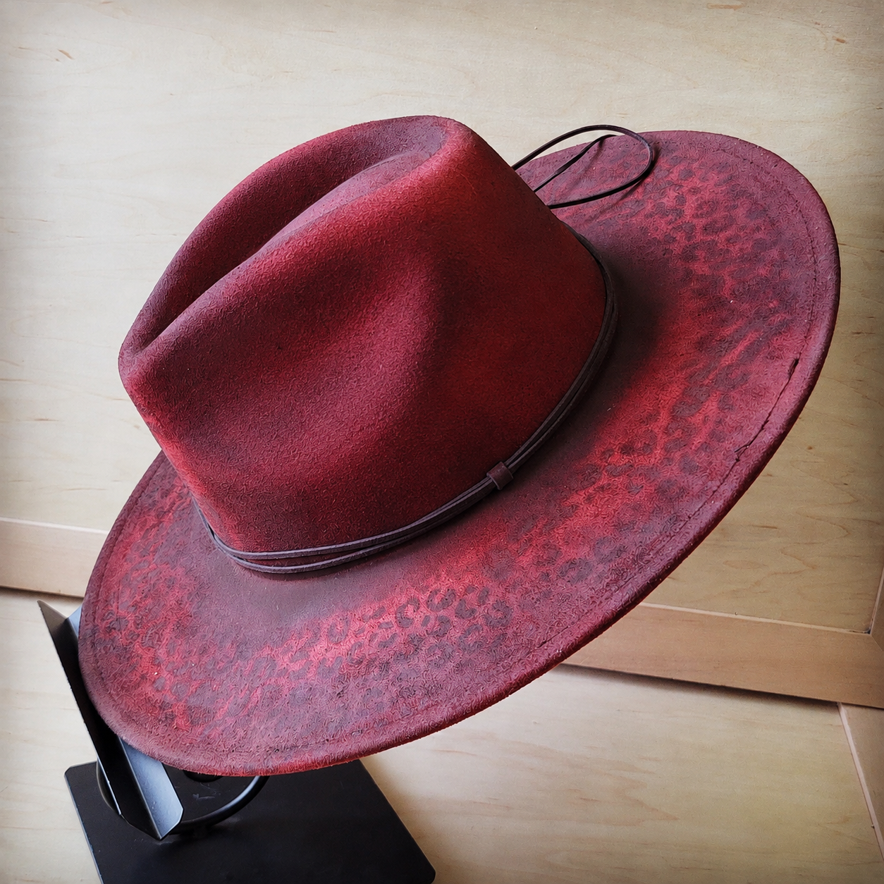 Hand-Painted Leopard Boho Western Cowgirl Hat with Red Band