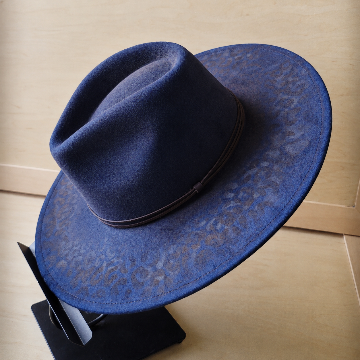 Hand-Painted Leopard Print Navy Blue Western Boho Cowgirl Hat