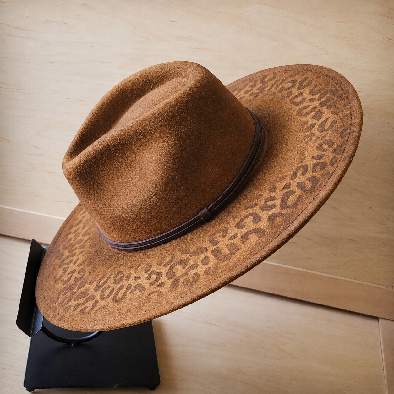 Hand-Painted Leopard Boho Western Cowgirl Hat with Tan Band