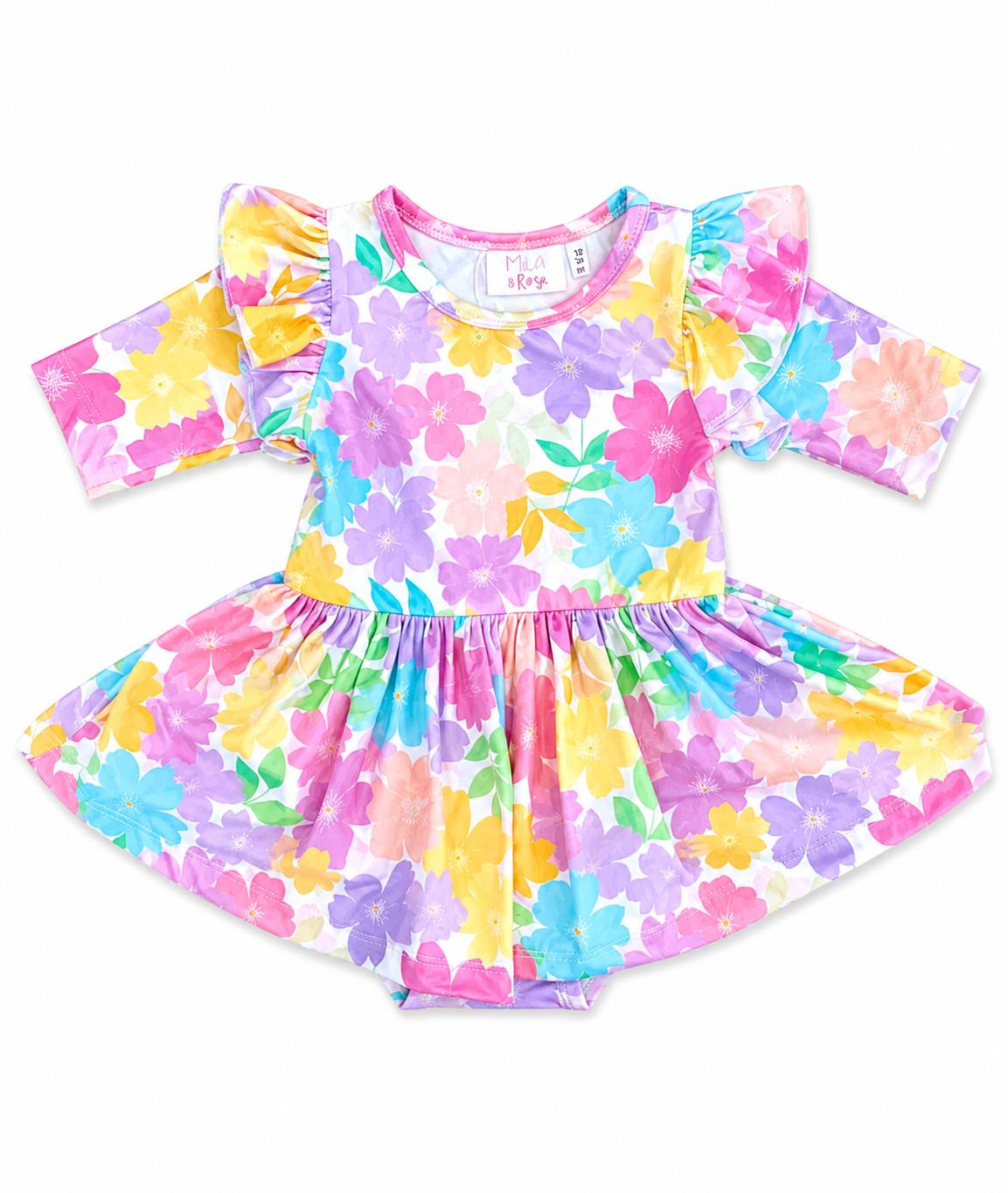 Colorful Carnations 3/4 Sleeve Flutter Twirl Bodysuit