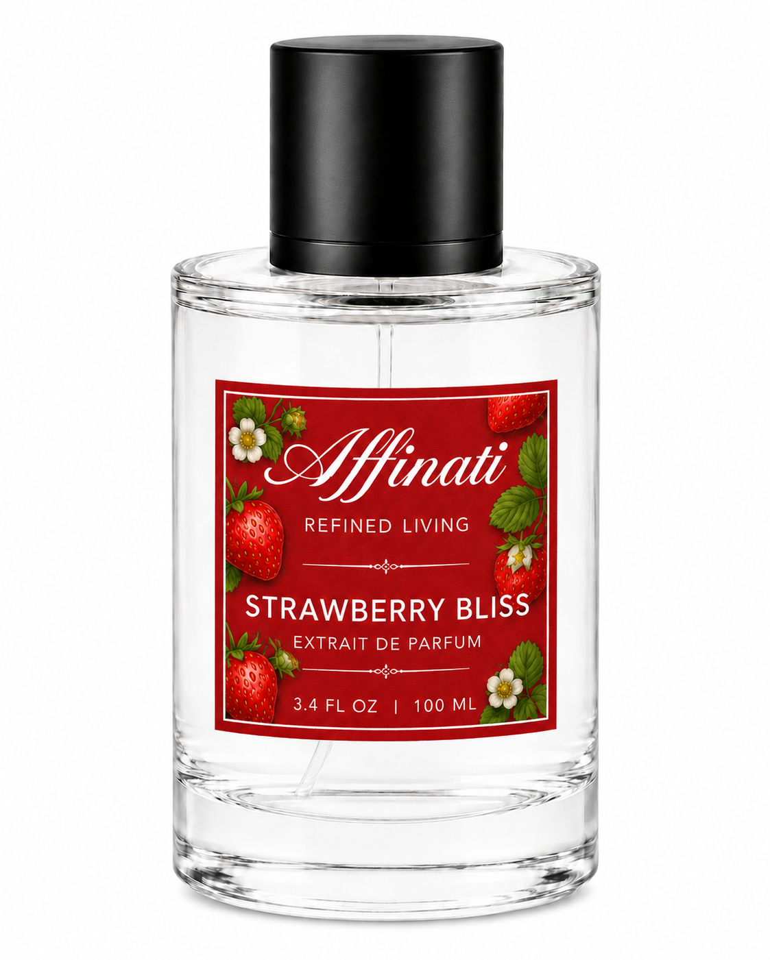 Vibrant bottle of Strawberry Bliss Extrait de Parfum with clear glass and red detailing.
