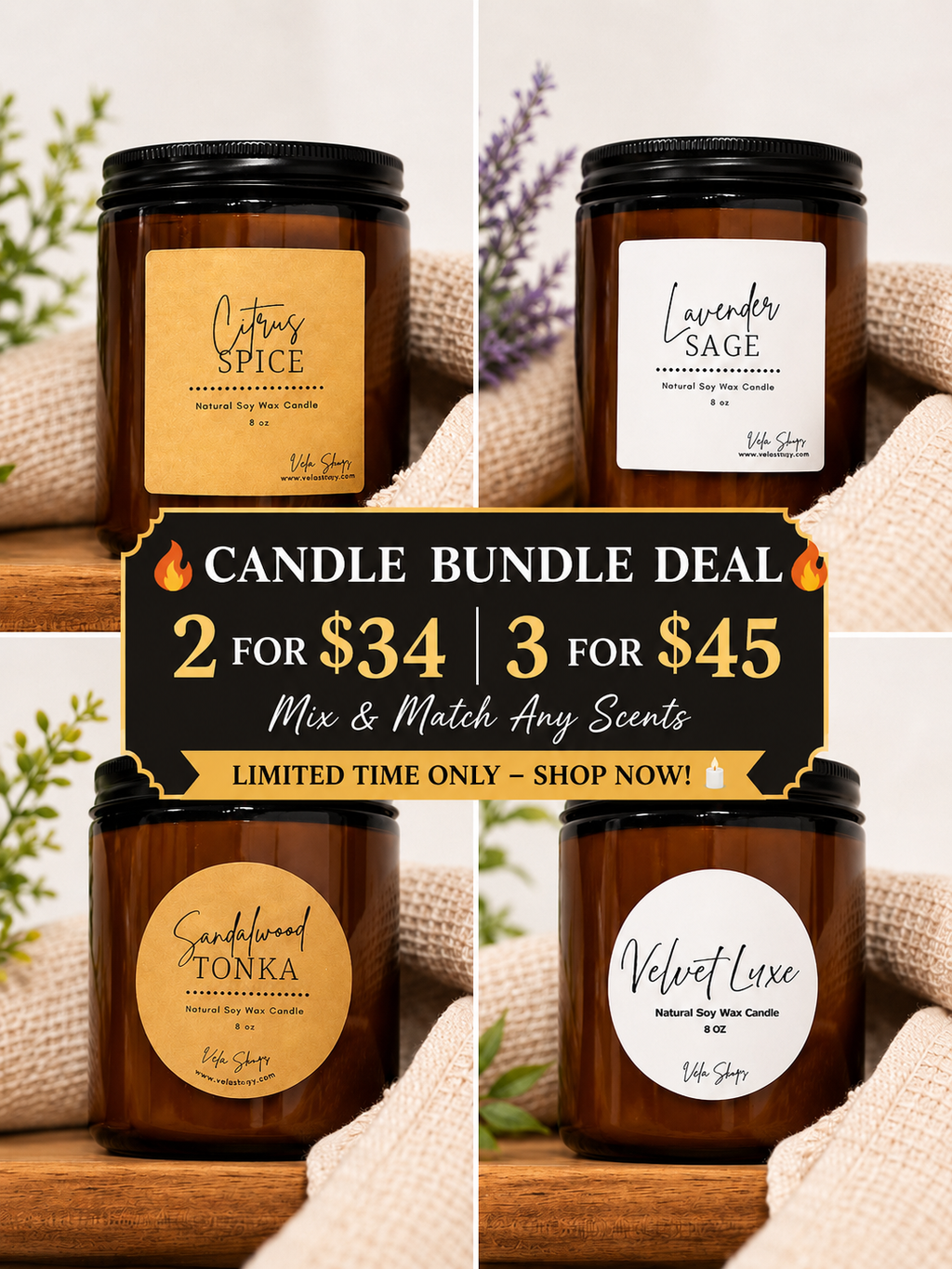 A selection of minimalist soy wax candles in amber and black glass jars, bundled for a curated home decor look.