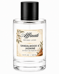Minimalist clear glass bottle of Affinati Sandalwood & Jasmine Extrait de Parfum with black accents.