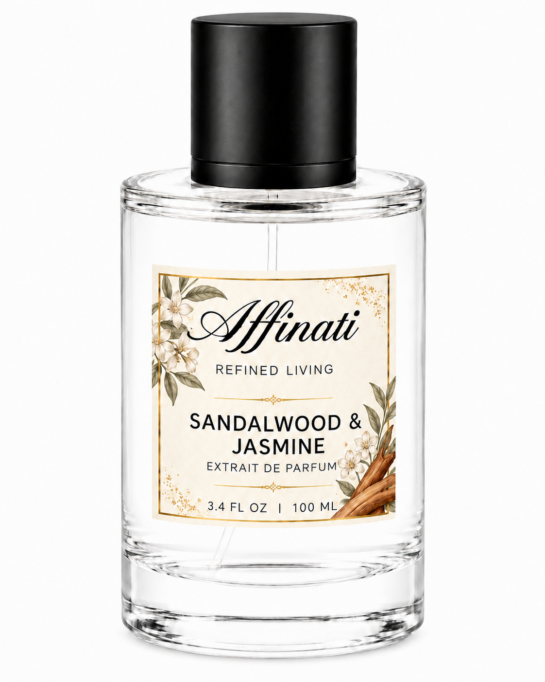 Minimalist clear glass bottle of Affinati Sandalwood & Jasmine Extrait de Parfum with black accents.