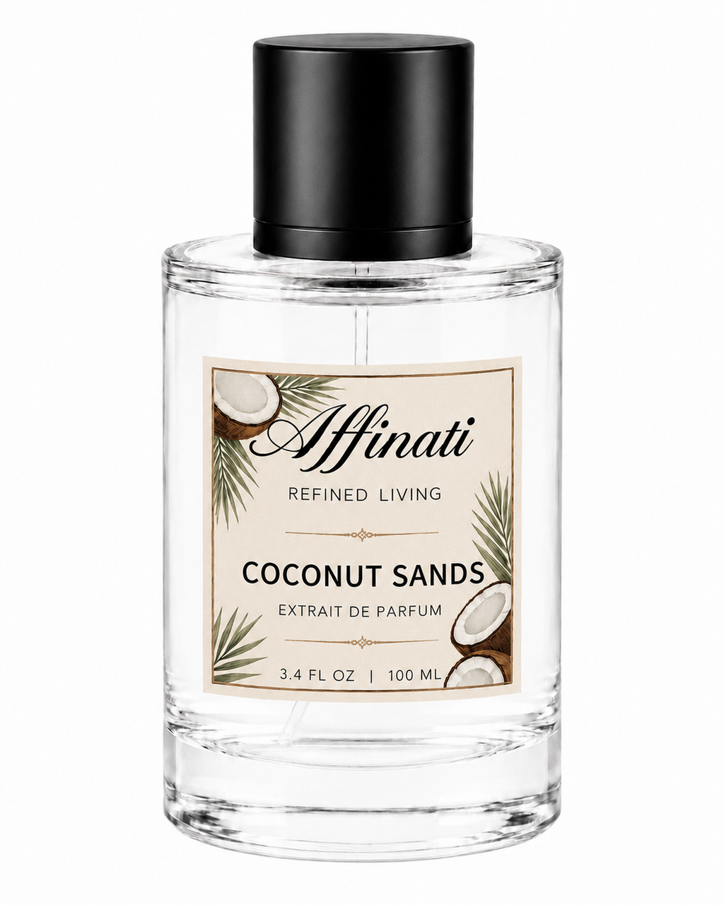A clear and black 100ml bottle of Coconut Sands Extrait de Parfum on a minimalist background