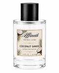 A clear and black 100ml bottle of Coconut Sands Extrait de Parfum on a minimalist background