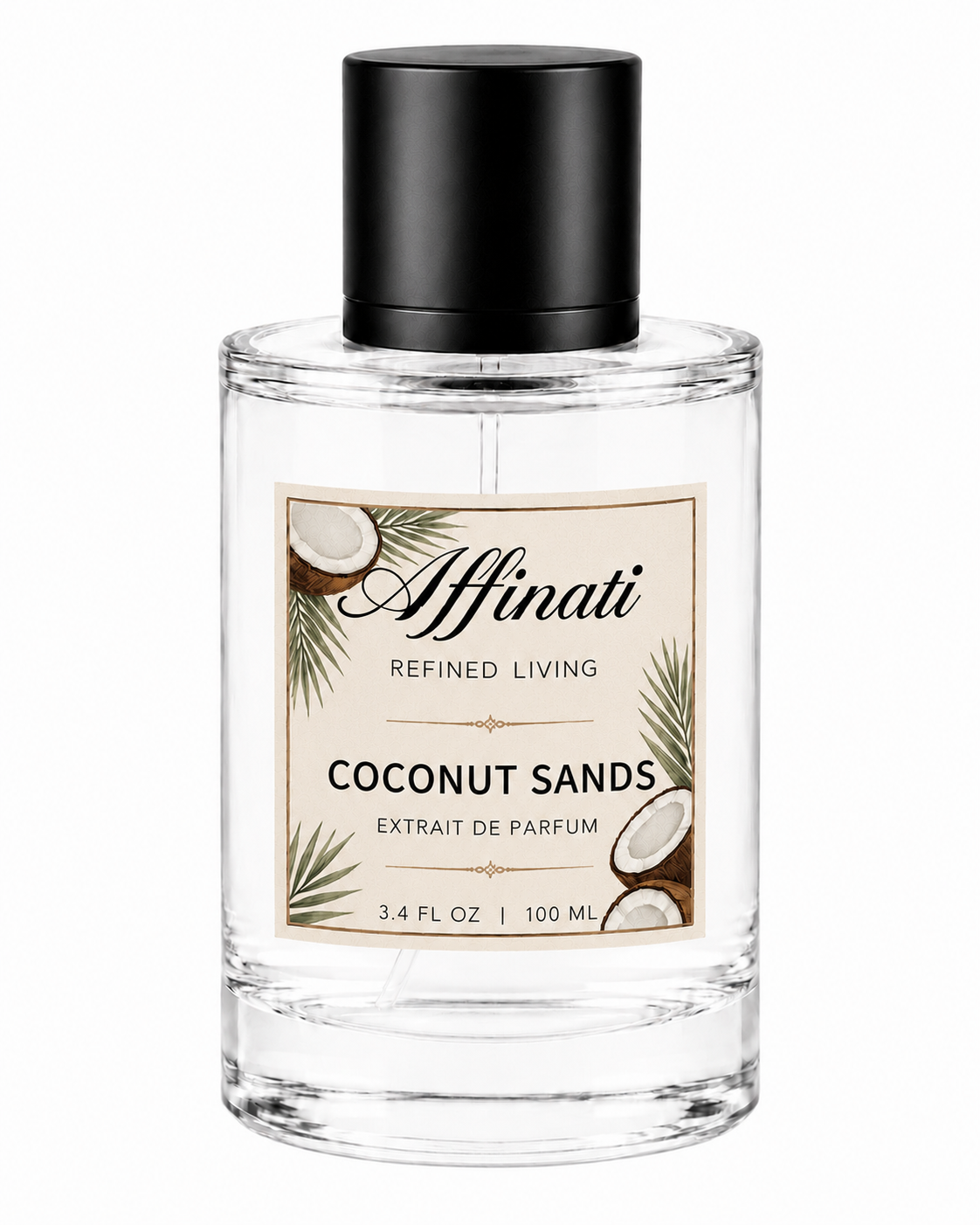 A clear and black 100ml bottle of Coconut Sands Extrait de Parfum on a minimalist background