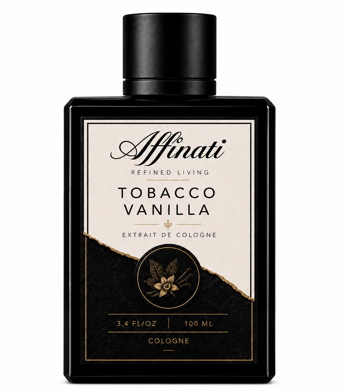 Luxury bottle of Tobacco Vanilla Extrait de Cologne in black, gold, and cream packaging.