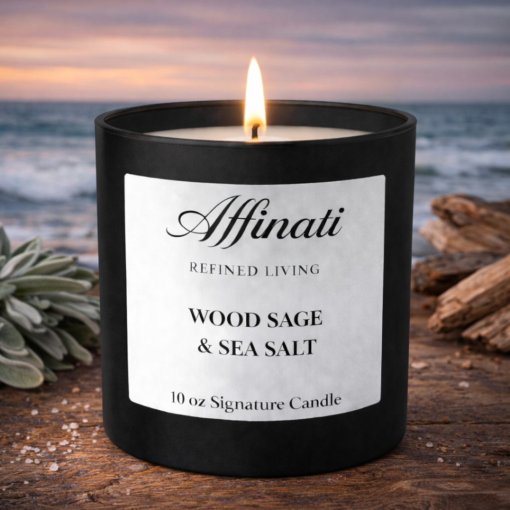 Wood Sage and Sea Salt Scented Signature Candle 10 oz Black Jar - Image 3