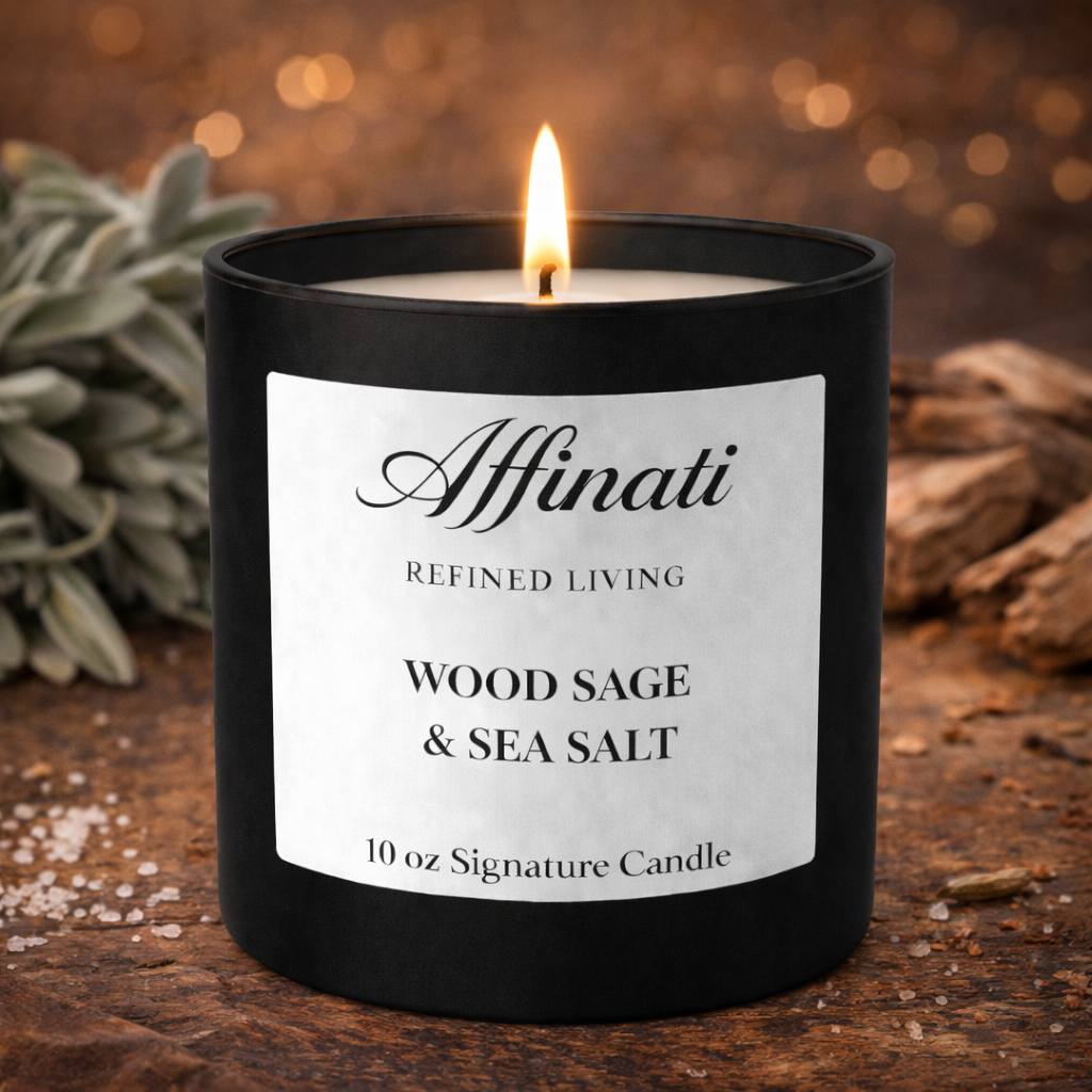 Wood Sage and Sea Salt Scented Signature Candle 10 oz Black Jar - Image 2