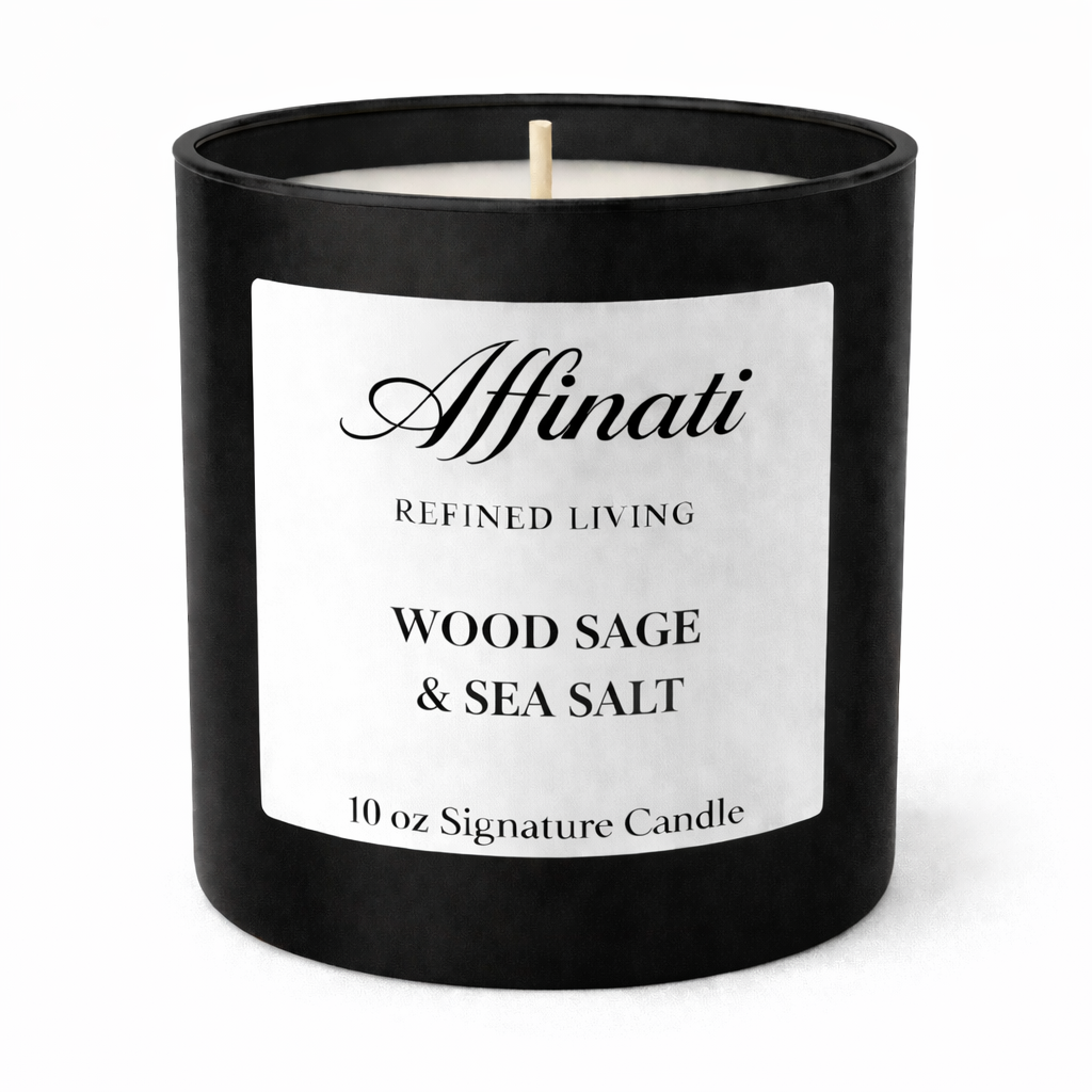 A 10 oz Wood Sage and Sea Salt signature candle in a matte black jar with a minimalist label, lit and placed on a wooden surface.