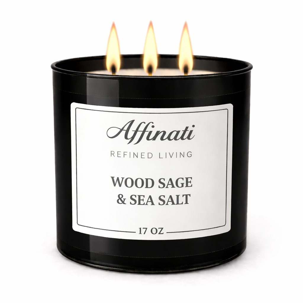 A 17 oz black 3-wick candle with a white label labeled Wood Sage & Sea Salt by Affinati, glowing with three lit flames.