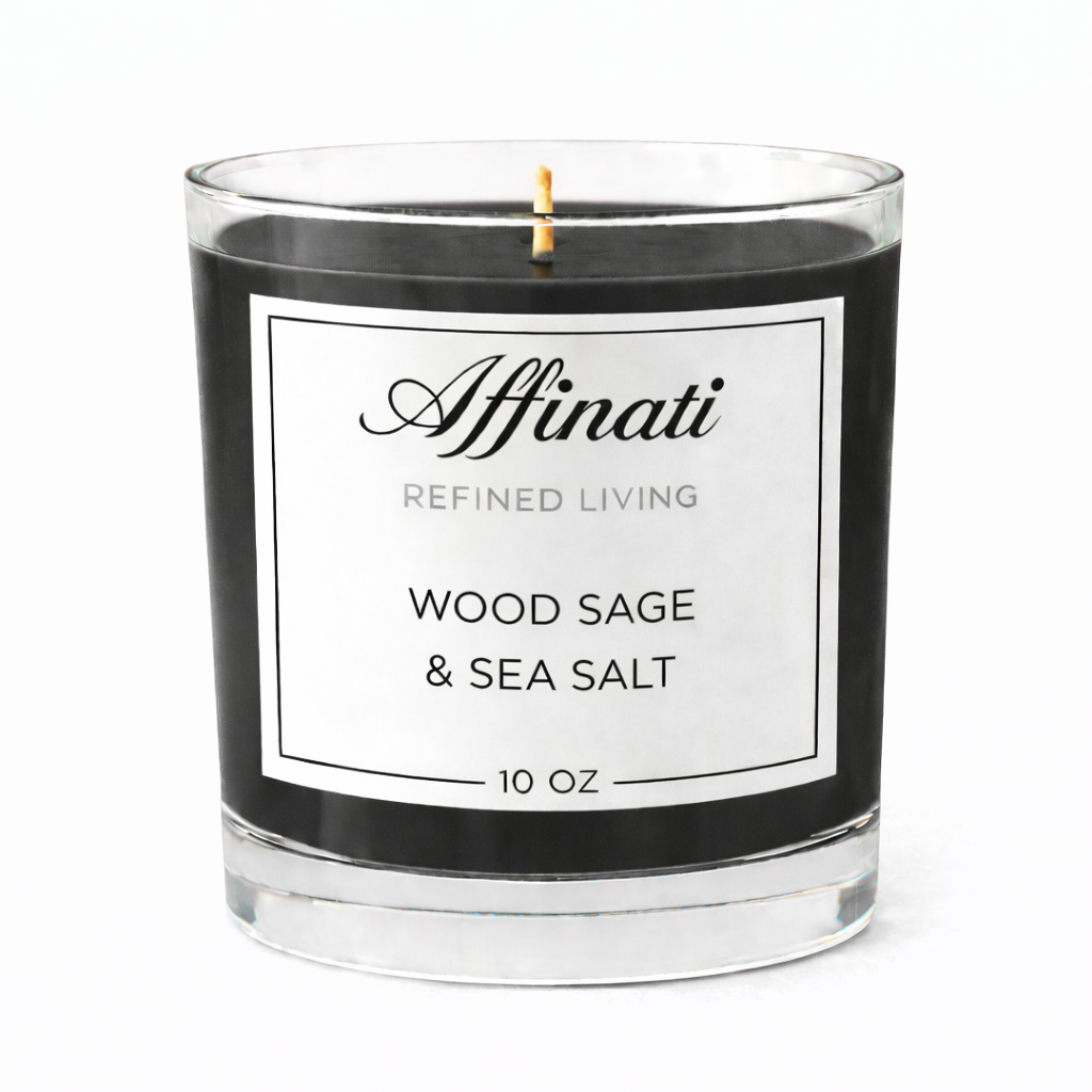 A 10 oz Wood Sage and Sea Salt candle in a black glass container on a wooden surface with sea salt and sage nearby.