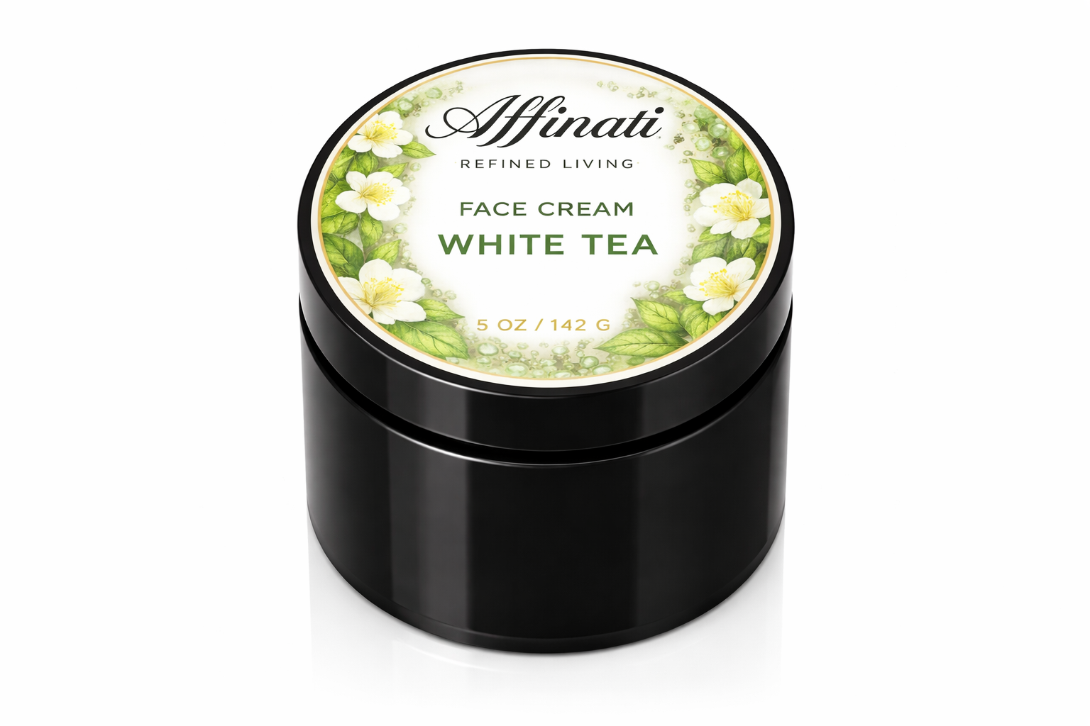 A round black jar of Affinati White Tea Face Cream with a decorative label featuring white flowers and leaves.