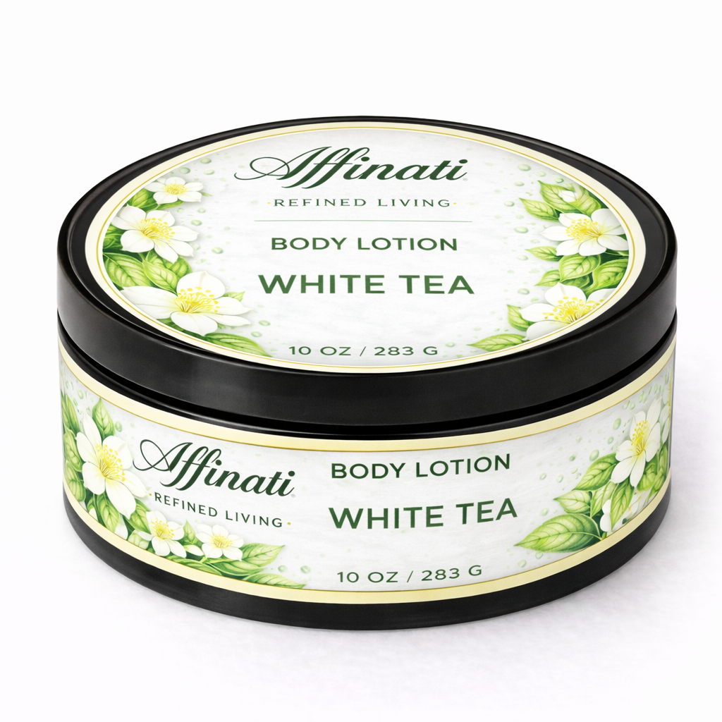 A round black container of Affinati White Tea Body Lotion with floral illustrations on the label.