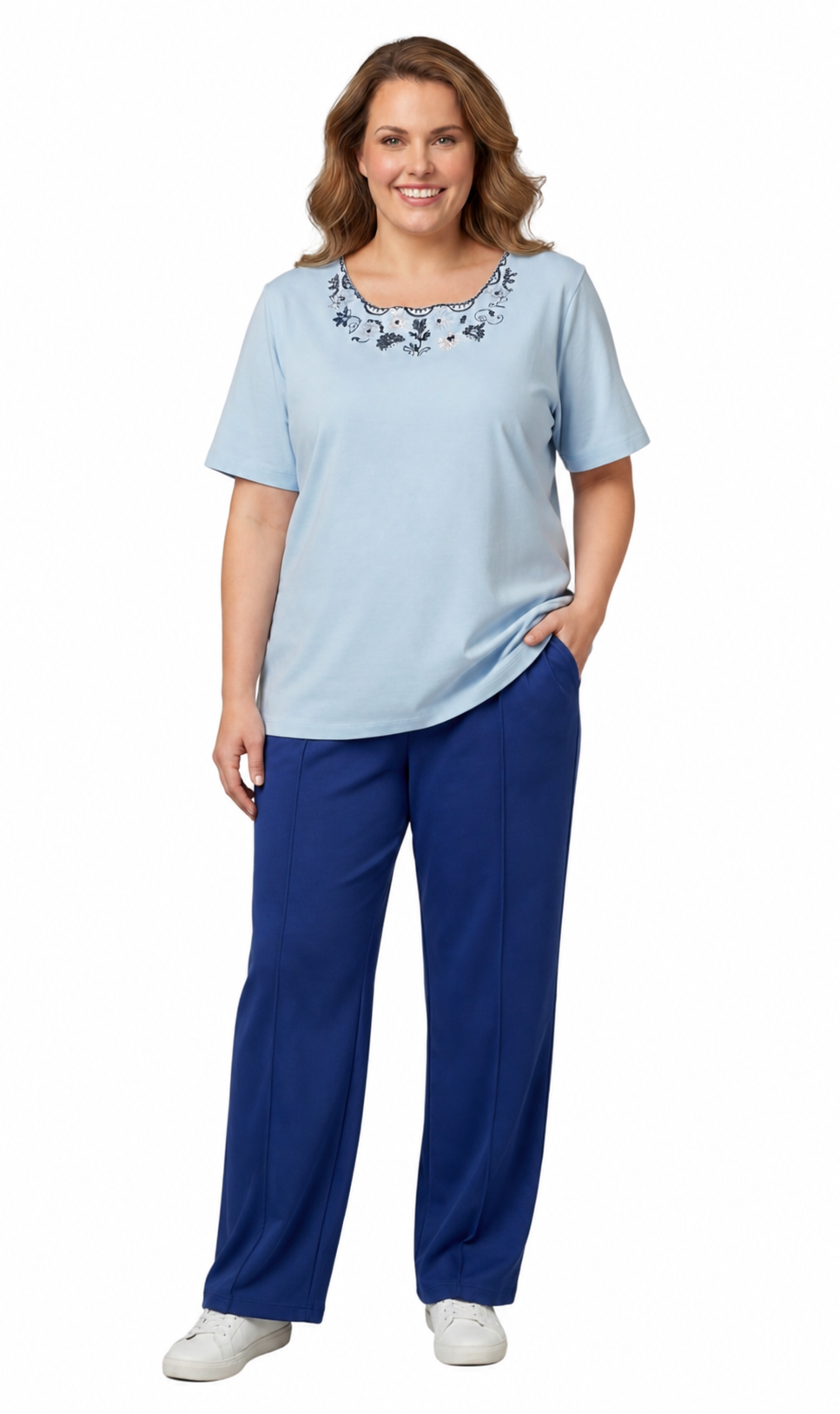 Women's Scalloped Neckline Embellished Short Sleeve Cotton Tee