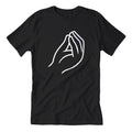 Close up of Che Vuoi Pinched Fingers graphic on a casual cotton t-shirt