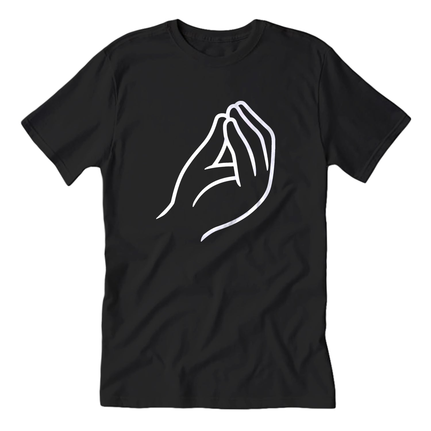 Close up of Che Vuoi Pinched Fingers graphic on a casual cotton t-shirt