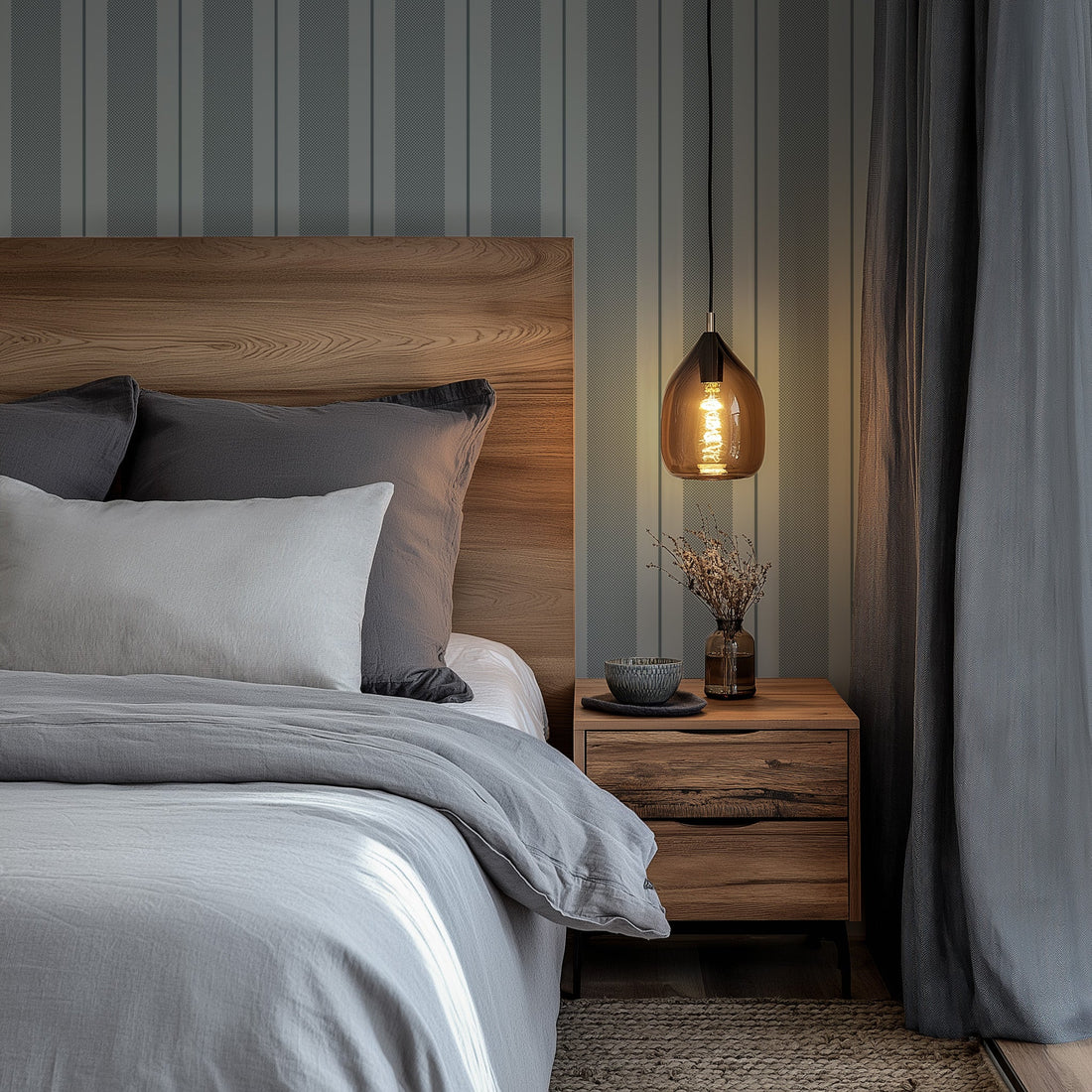 Remington Striped Wallpaper in Blue-Grey and Off-White