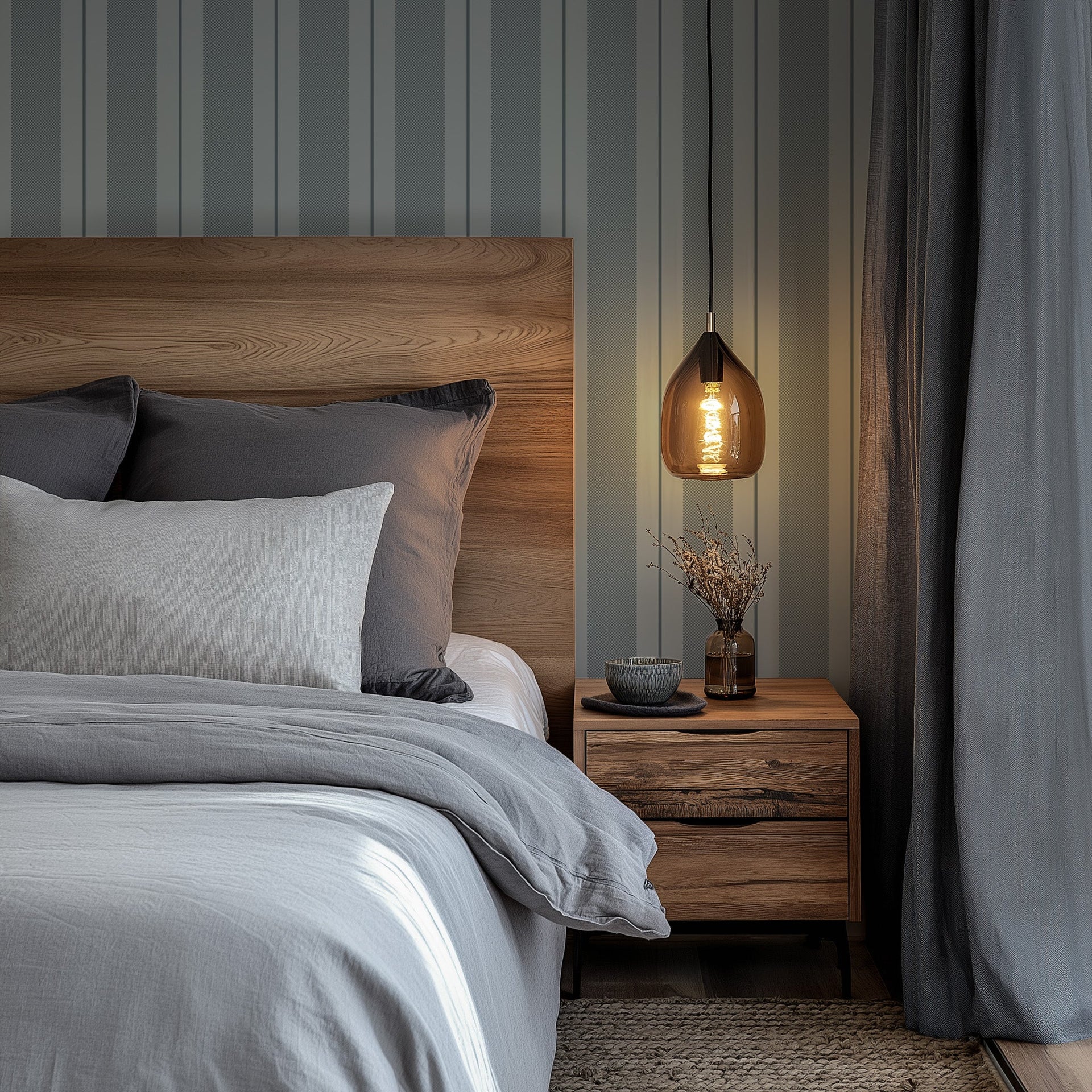 Remington Striped Wallpaper in Blue-Grey and Off-White