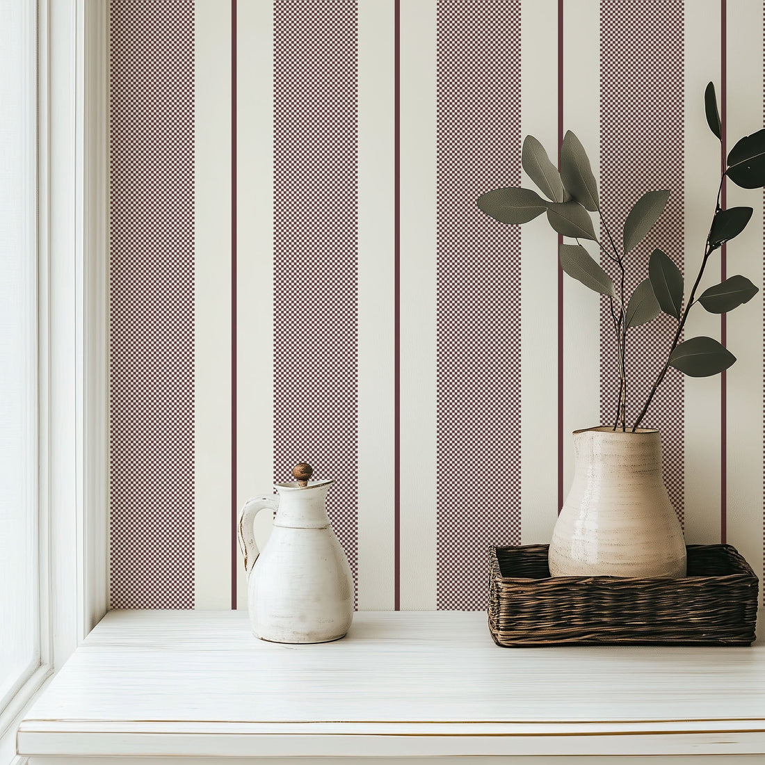 Remington striped wallpaper in blue-grey and off-white displayed in a classic coastal living room