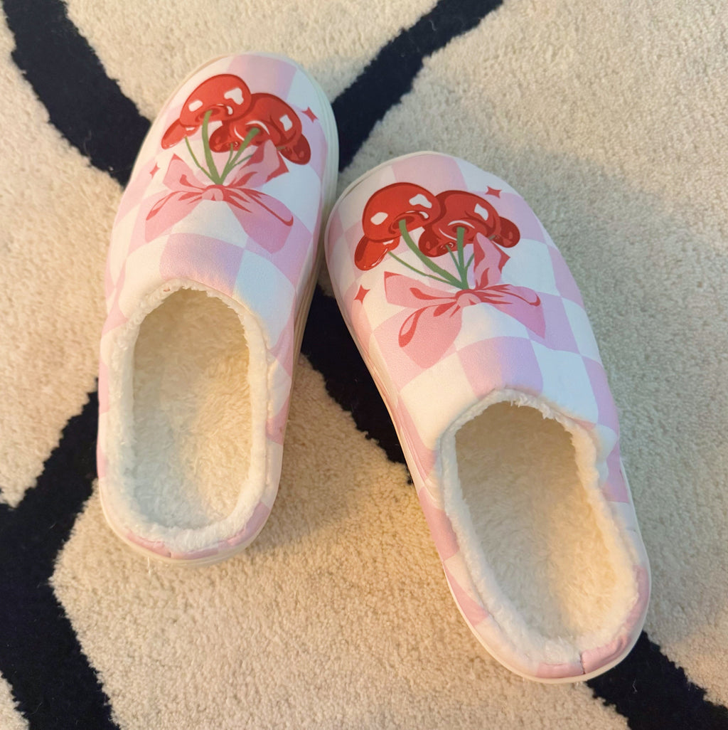 Cherry Bow Check Lounge Slippers - Sweet & Cozy