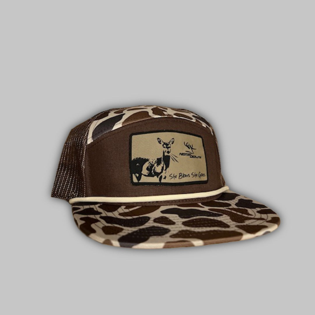She Blows She Goes 7 Panel Camo Snapback Hat