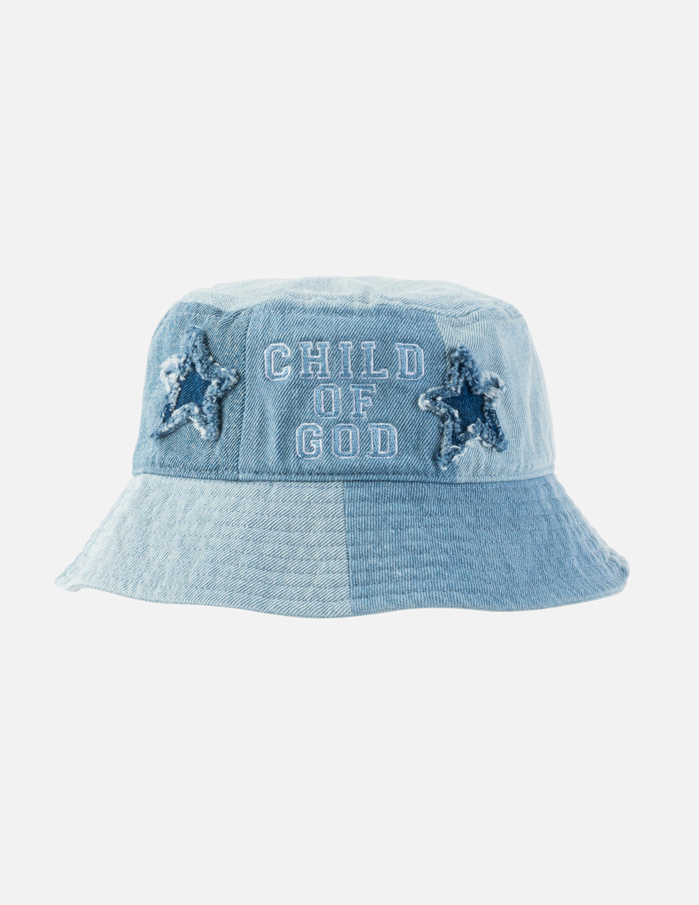 Child of God denim patchwork kids bucket hat in two-tone blue with frayed star appliqués.