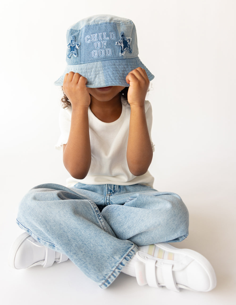 Child of God Denim Kids Bucket Hat - Patchwork Two-Tone Blue