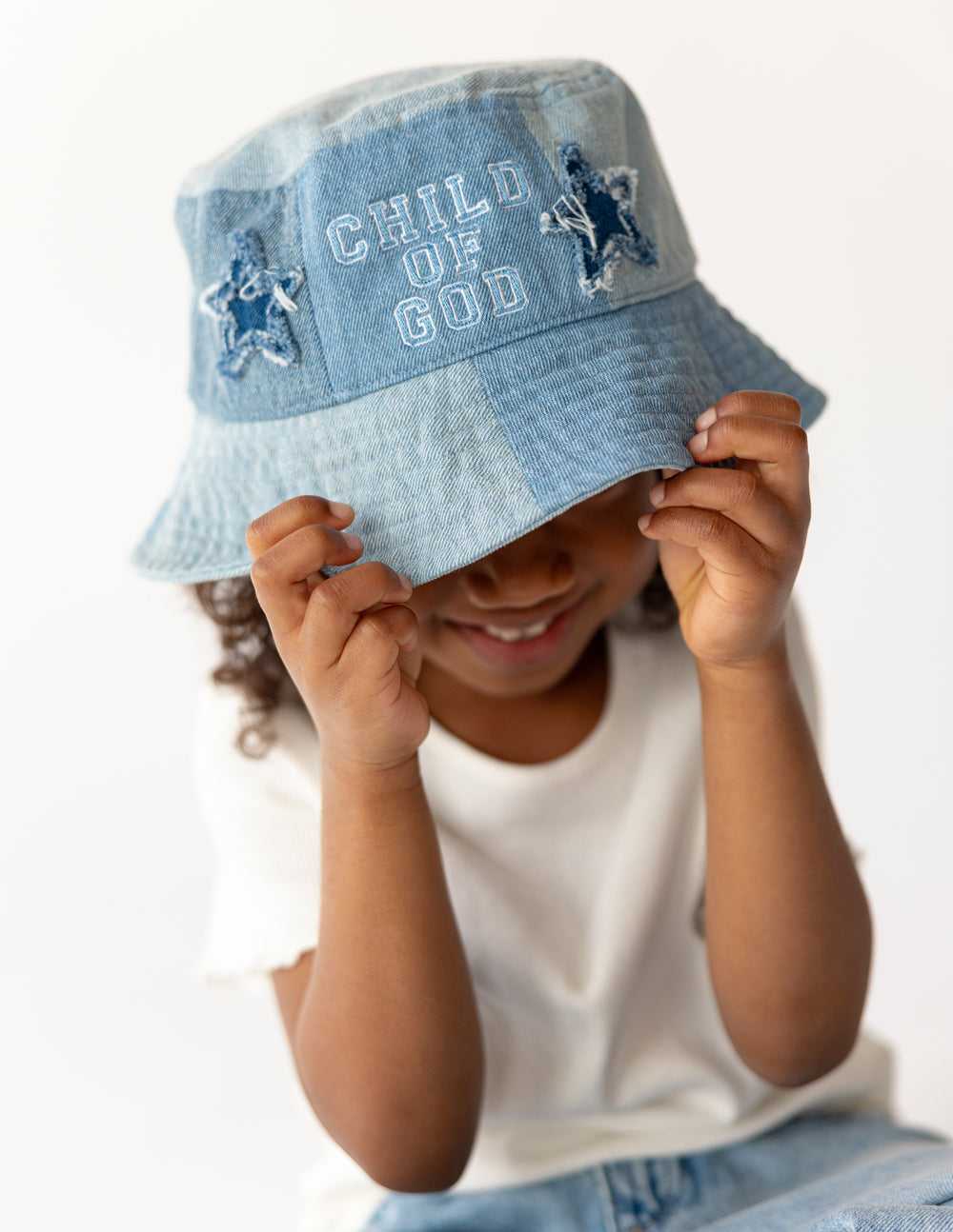 Child of God Denim Kids Bucket Hat - Patchwork Two-Tone Blue