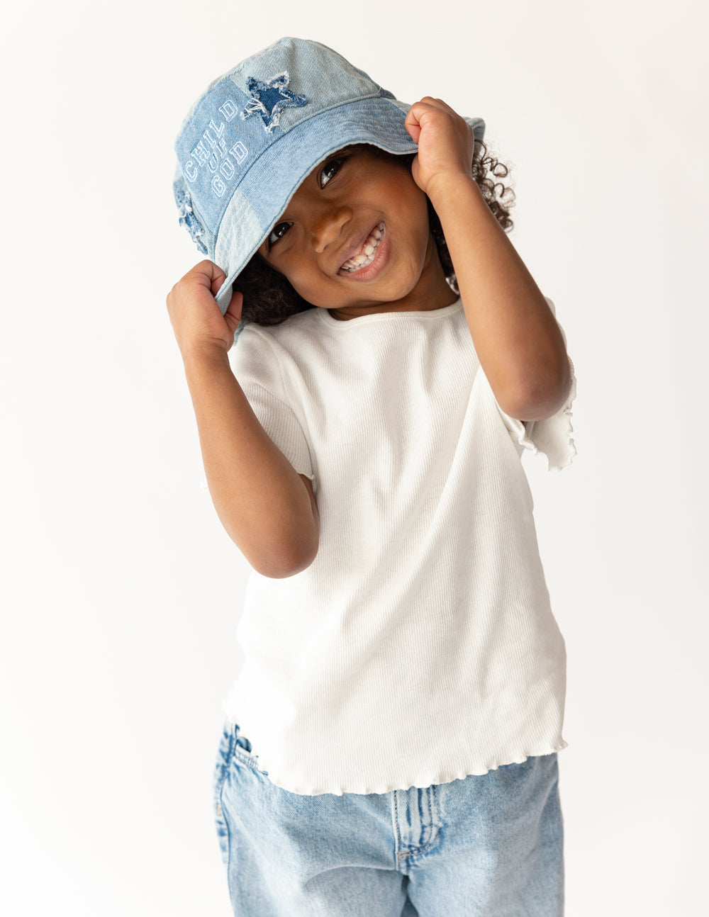 Child of God Denim Kids Bucket Hat - Patchwork Two-Tone Blue
